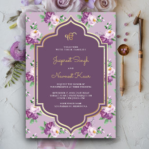 Lila Blumenmuster Anand Karaj Sikh-Hochzeit Einladung