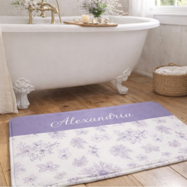 Lila Blumenmuster Benutzerdefinierter Name  Badematte (Von Creator hochgeladen)