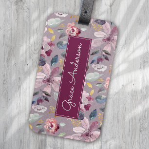 Lila-Blumenmuster Goldfolie Monogramm Gepäckanhänger