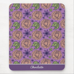 Lila Blumenmuster große Blüte mit Namen Mousepad