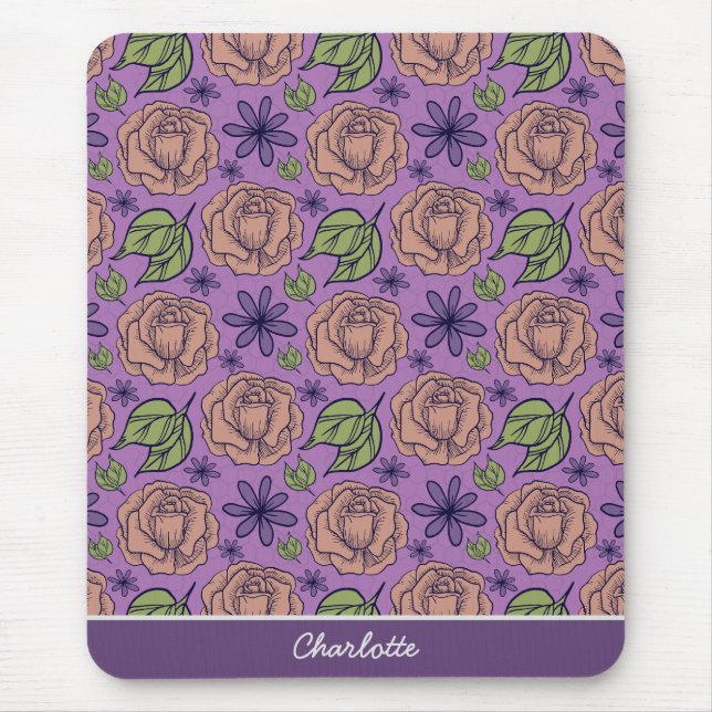 Lila Blumenmuster große Blüte mit Namen Mousepad (Vorne)