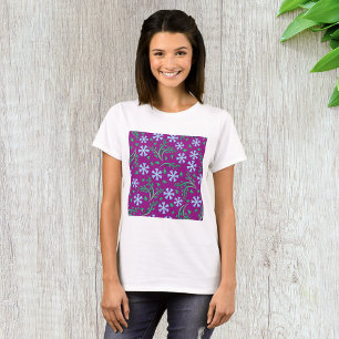 Lila Blumenmuster mit blauen Blüten T-Shirt