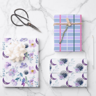 Lila Blumenmuster mit Mond Geschenkpapier Set