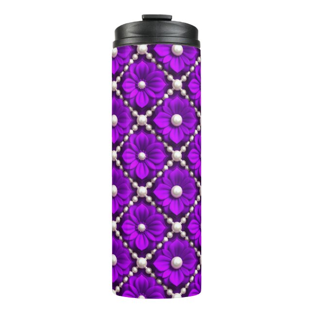 Lila Blumenmuster mit Perlen Thermosbecher (Vorderseite)