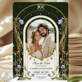Lila Blumenmuster Save the Date mit Foto Einladung