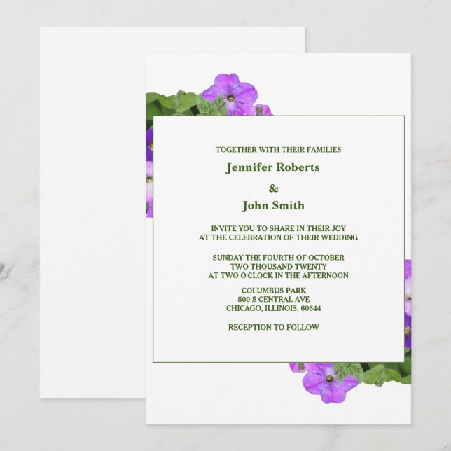 Lila Blumenpracht Grüne Violette Einfache Hochzeit Einladung (Vorne/Hinten)