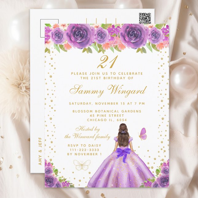 Lila Blumenpraxis Brünette Haarprinzessin Geburtst Postkarte (Von Creator hochgeladen)