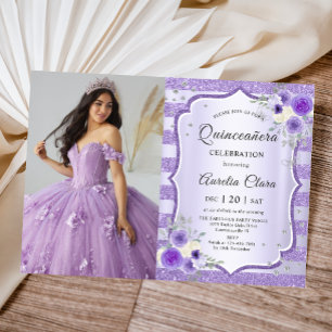 Lila Blumenquinceanera GeburtstagsFoto Einladung