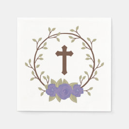 Lila Blumenreath Cross Taufen Christening Serviette