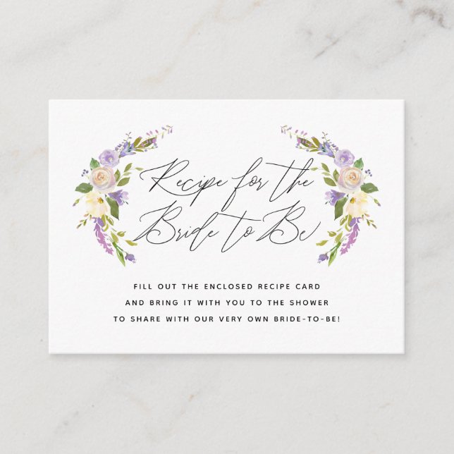 Lila Blumenrezepte-Anleitung für die Braut Begleitkarte (Vorderseite)