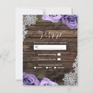 Lila Blumenrosen Rustikale Spitze Hochzeit RSVP Einladung