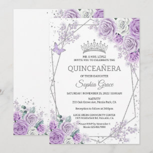 Lila Blumenschmetterlinge Quinceañera Geburtstag Einladung