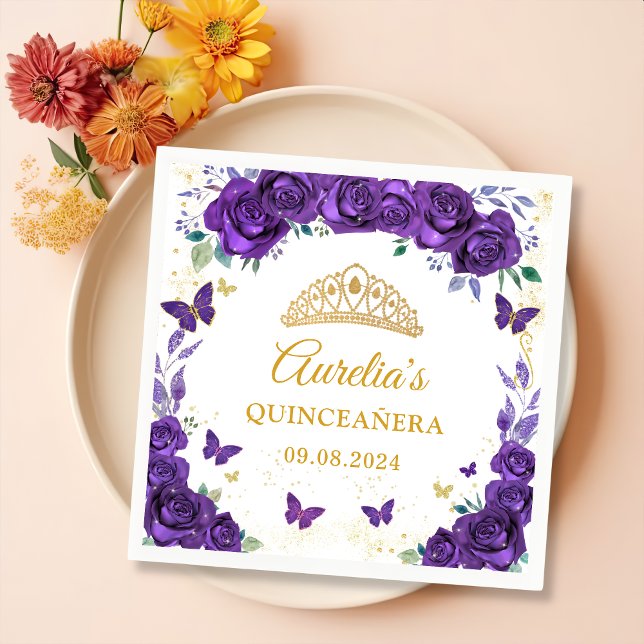 Lila Blumenschmetterlinge Quinceanera Napkins Serviette (Von Creator hochgeladen)