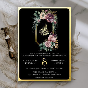 Lila Blumenschmuck Schwarze muslimische Hochzeit G Folieneinladung
