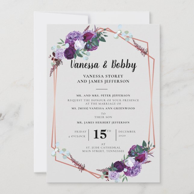 Lila Blumenschrift Geometric Wedding Einladung (Vorderseite)