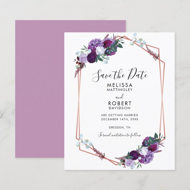 Lila Blumenschrift Save the Date (Vorne/Hinten)