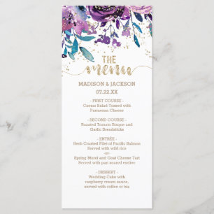 Lila Blumensekt Gold Confetti Wedding Menü Menükarte