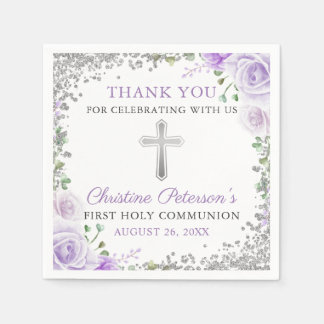 Lila Blumensilber Glitzer Erste Heilige Kommune Serviette