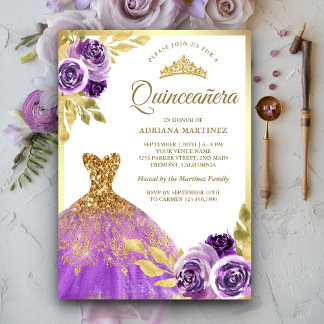 Lila Blumenspärchkleid Gold Quinceanera Einladung