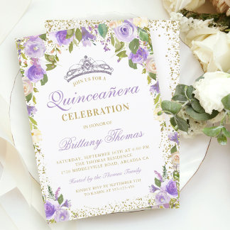 Lila BlumenSparkle Quinceanera 15. Geburtstag Einladung
