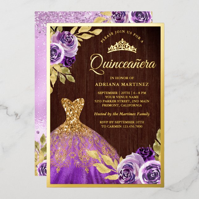 Lila BlumenSparkleider Holz Quinceanera Gold Folieneinladung (Vorderseite/Rückseite)