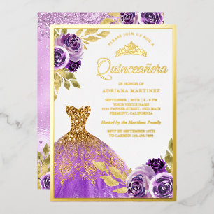 Lila BlumenSparkleider Quinceanera Gold Folieneinladung
