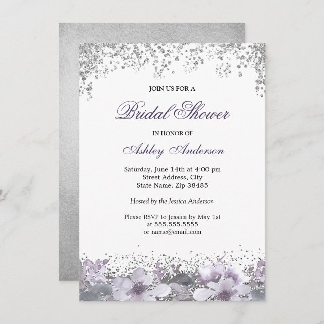 Lila Blumenstrauß-Glitzer Bridal Dusche Einladung (Vorne/Hinten)