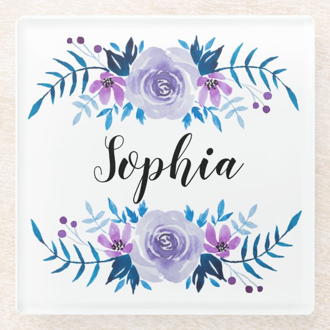 Lila Blumenstrauß mit Wasserfarbe Eigener Text Glasuntersetzer (Vorderseite)