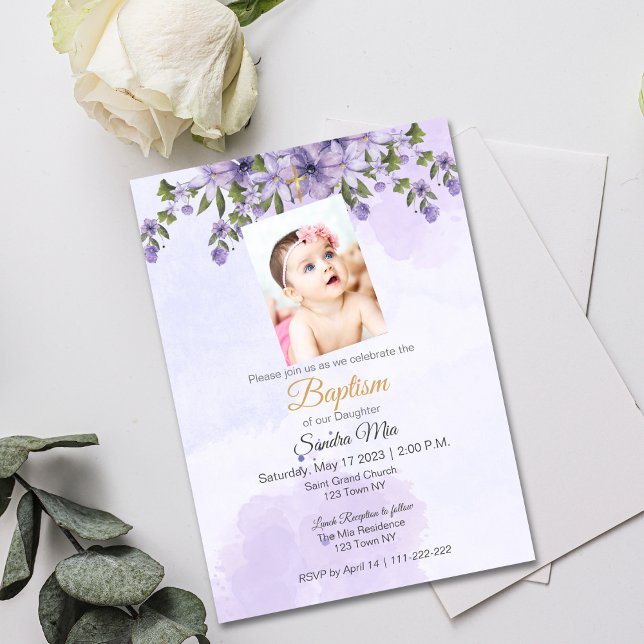 Lila Blumentaufen Einladung (Purple Floral Baptism Invite)