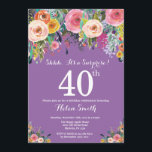 Lila Blumenüberraschung 40. Geburtstag Einladung<br><div class="desc">Lila Blumenüberraschung 40. Geburtstag Einladung für Frauen. Aquarell Floral Blume. Lila Lilac Lavendel Violet Hintergrund. Rosa, gelb, orange, Lila Blume. Erwachsener Geburtstag. 13. 15. 16. 18. 20. 21. 30. 40. 50. 60. 70. 80. 90. 100. jedes Alter. Für weitere Anpassungen klicken Sie bitte auf die Schaltfläche "Anpassen" und verwenden Sie...</div>