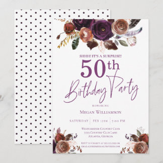 Lila Blumenüberraschung 50. Geburtstagsparty Einladung