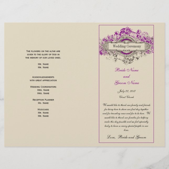 Lila Blumenvintage-Hochzeitsprogramm (Vorderseite)