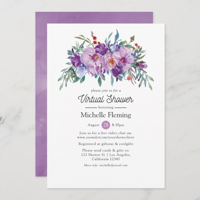 Lila Blumenvirtuelles Baby oder Brautparty Einladung (Vorne/Hinten)