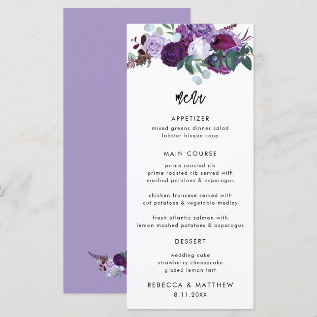 Lila Blumenwasser-Script-Hochzeitessen Menükarte (Vorne/Hinten)