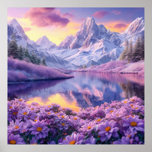 Lila Blumenwiese Alpensee Träumerischer Sonnenunte Poster