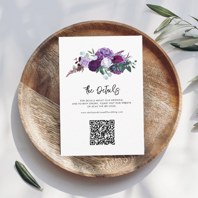Lila Blumenzettel mit QR-Code Begleitkarte (Floral Purple Elegant Wedding Details with QR Code)