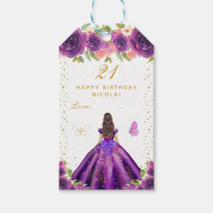 Lila Blumhaar Mädchen mit Blumen Happy Birthday Geschenkanhänger