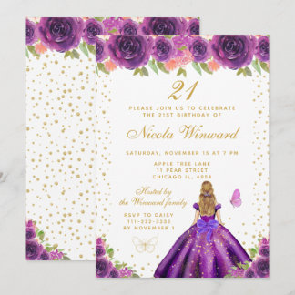 Lila Blumige Blondhaarige Prinzessin Geburtstagsfe Einladung