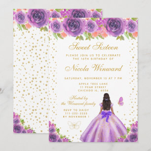 Lila Blumige Dark Skin Prinzessin Sweet Sixteen Einladung