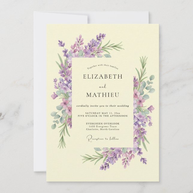 Lila Blumige Hochzeit Einladung (Vorderseite)
