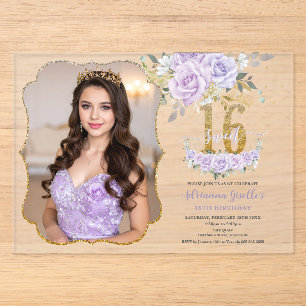 Lila Blumige Sweet Sixteen 16. Geburtstagsfoto Acryleinladungen