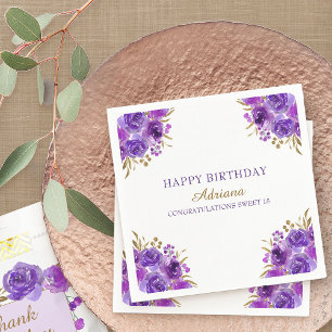 Lila Blumige und Goldblatt Happy Birthday Party Serviette