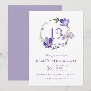 Lila Blumige Wildblume Vintage 19. Geburtstag Einladung