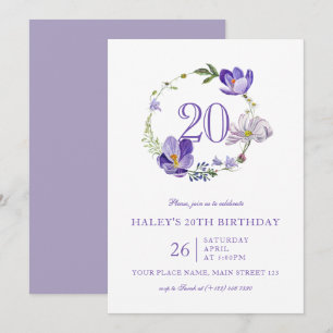 Lila Blumige Wildblume Vintage 20. Geburtstag Einladung