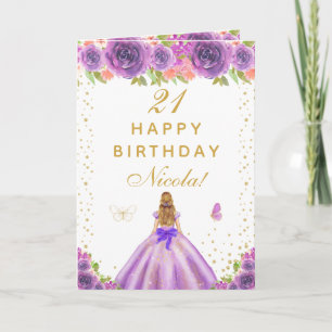 Lila Blumiges Geburtstagsmädchen mit Blondhaar Karte
