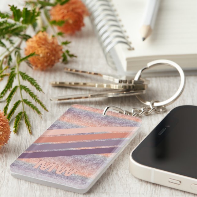 Lila Blush Corner Orange Retro Streifen Schlüsselanhänger (Vorderseite rechts)