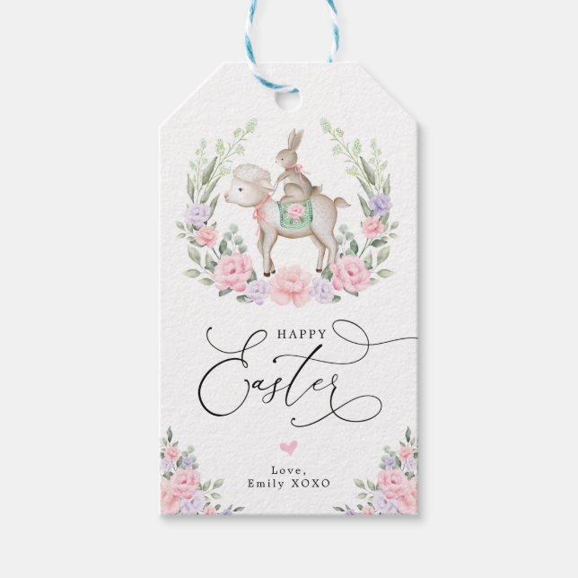 Lila Blush Floral Lamm Bunny Rabbit Happy Osterfei Geschenkanhänger (Vorderseite)
