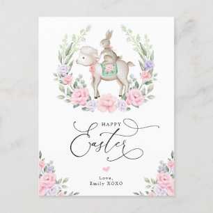 Lila Blush Floral Lamm Bunny Rabbit Happy Osterfei Postkarte
