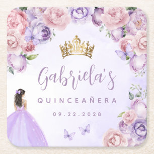 Lila Blush Floral Quinceañera Rechteckiger Pappuntersetzer