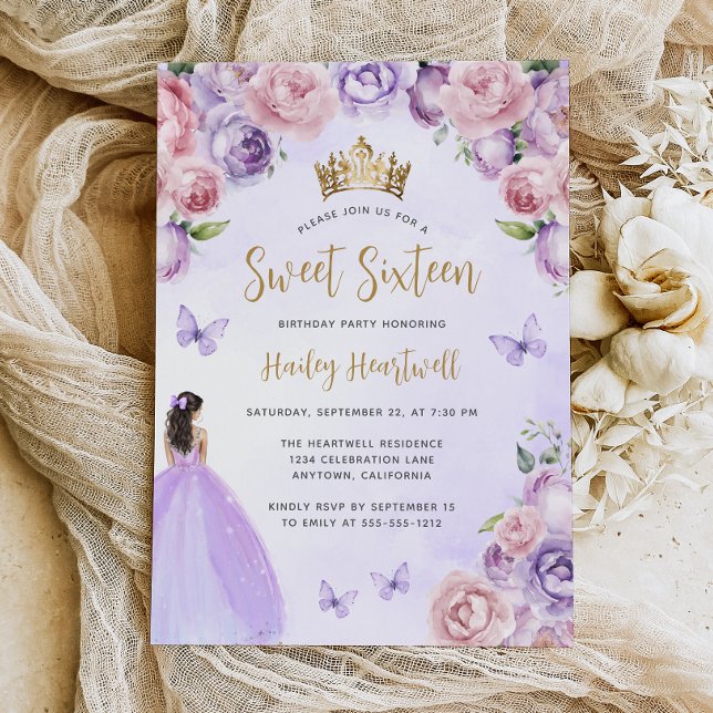 Lila Blush Gold Floral Wasserfarbe Süß 16 Party Einladung (Von Creator hochgeladen)